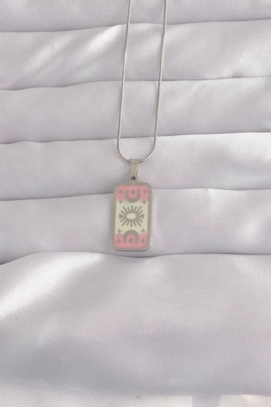 316L Çelik Gümüş Renk Pembe Mineli Ay Figür Tarot Kolye ürün görseli 1