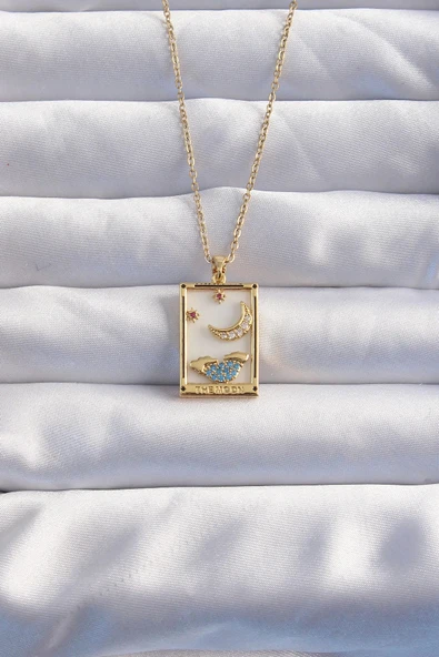 316L Çelik Zincir Gold Renk Ay Detay Mavi Zirkon Taşlı Tarot Kolye ürün görseli 1