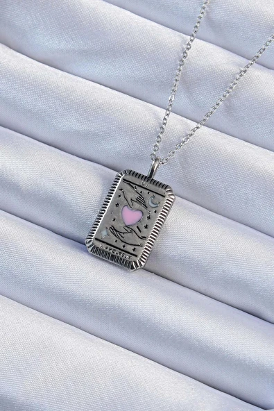 316L Çelik Zincir Eskitme Gümüş Renk Pembe Mineli Kalp Figürlü Tarot Kolye ürün görseli 1