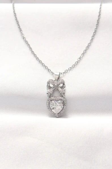 316L Çelik Silver Renk Zirkon Taşlı Kalpli Fiyonk Kolye ürün görseli 1