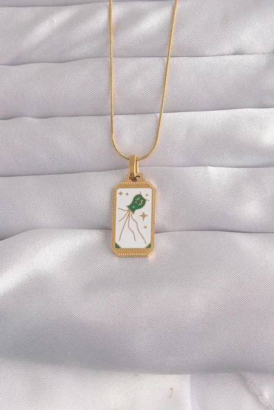 316L Çelik Gold Renk Beyaz Mineli Tarot Kolye ürün görseli 1