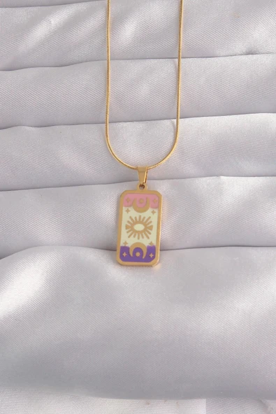 316L Çelik Gold Renk Karışık Mineli Ay Figür Tarot Kolye ürün görseli 1