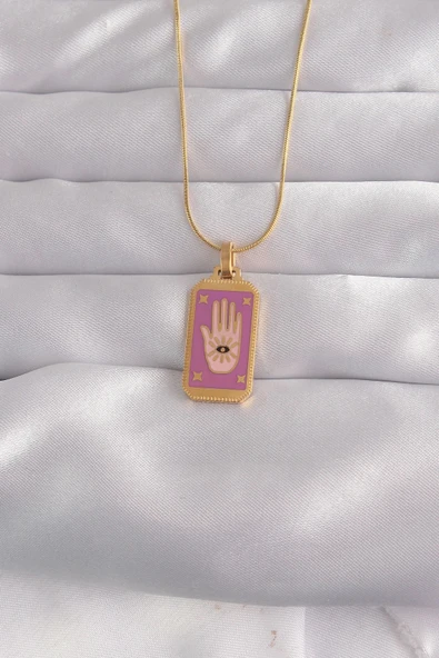 316L Çelik Gold Renk Mor Mineli El Figür Tarot Kolye ürün görseli 1