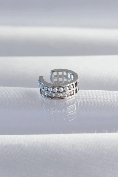 Pirinç Gümüş Renk İncili Baget Taşlı Earcuff Küpe ürün görseli 1