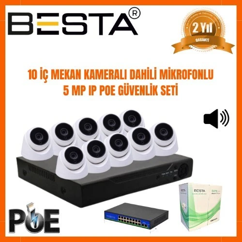 5 MP 1440P 10 İÇ MEKAN KAMERALI DAHİLİ MİKROFONLU IP POE Güvenlik Seti ürün görseli 1
