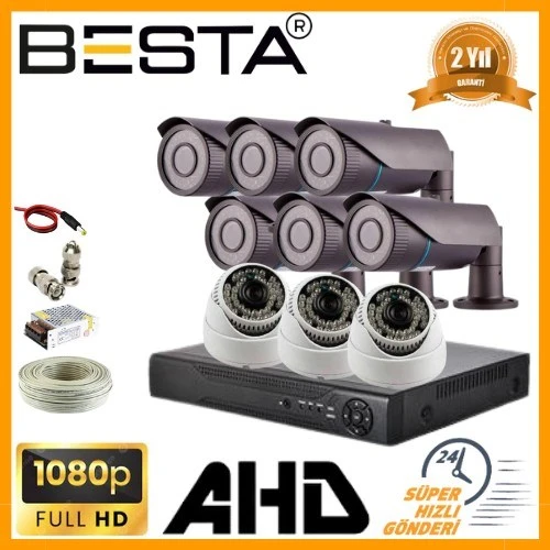 2MP 1080P 6 Dış 3 İç Mekan Kameralı AHD Güvenlik Seti ürün görseli 1