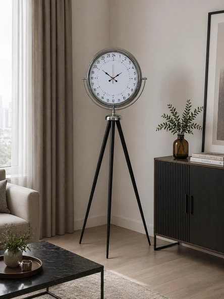 Krom 24 Saat Göstergeli Özel Tasarım Tripod Ayaklı Saat ürün görseli 1
