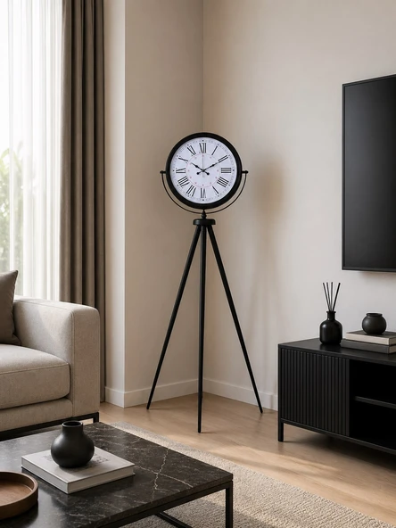 Siyah Roma Rakamlı Lüks Tasarım Tripod Ayaklı Saat ürün görseli 1