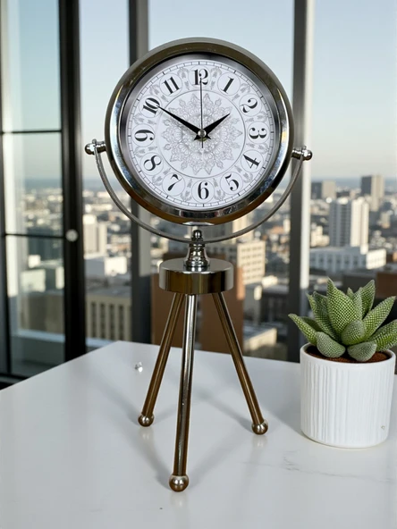 Krom Motif Tasarım Üç Ayaklı Metal Masa Saati ürün görseli 1