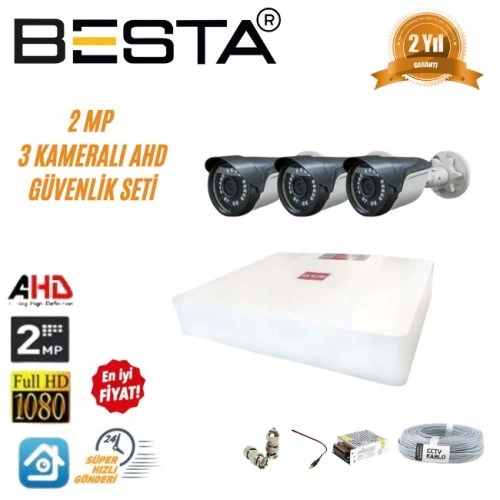2MP Ahd 1080P Gece Görüşlü 3 Kameralı Güvenlik Sistemi ürün görseli 1