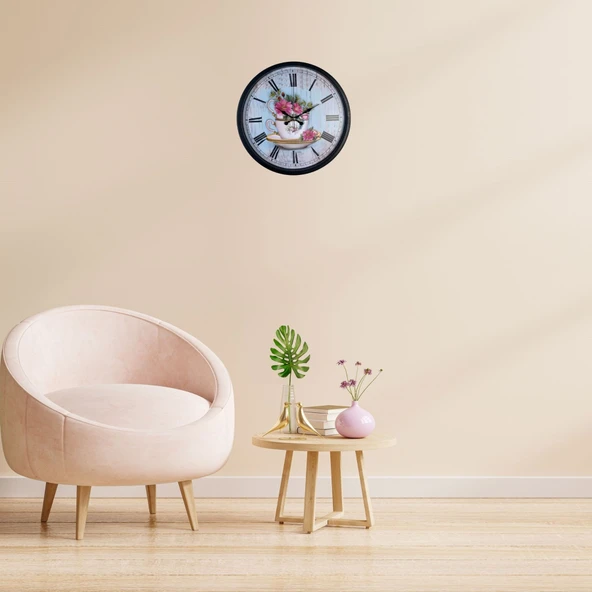 Siyah Floral Tea Cup Duvar Saati ürün görseli 1