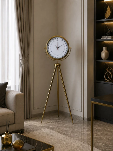24 Saat Göstergeli Özel Tasarım Gold Tripod Ayaklı Duvar Saati ürün görseli 1