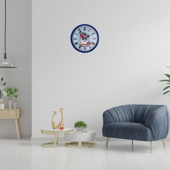 Lacivert Çiçek Desenli 36 Cm Duvar Saati ürün görseli 1