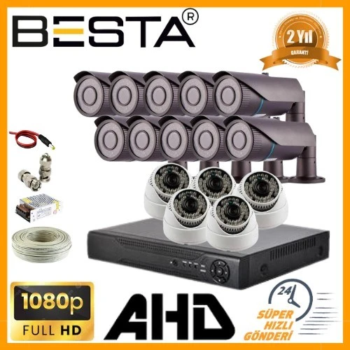 2MP 1080P 10 Dış 5 İç Mekan Kameralı AHD Güvenlik Seti ürün görseli 1