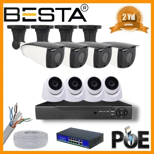 5 MP 4 İÇ MEKAN 4 DIŞ MEKAN KAMERALI IP POE GÜVENLİK SETİ ürün görseli 1