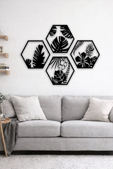 HexaLeaf - Tropikal Yaprak Desenli Altıgen Ahşap Duvar Dekoru ürün görseli 1