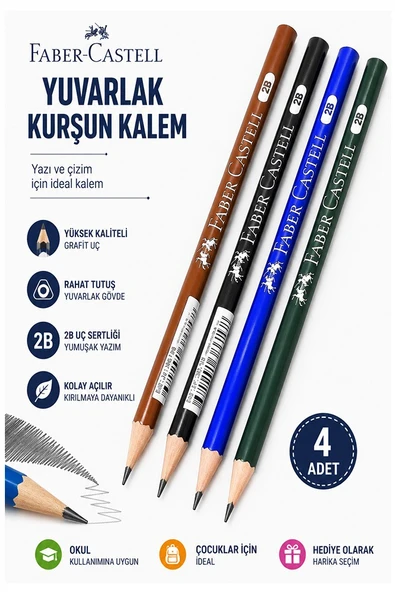 Şövalye Kurşun Kalem 4 Adet Faber Castell Yuvarlak Gövdeli Siyah Kurşun Kalem Yumuşak Yazım Kolay Tutuş Kaliteli ürün görseli 1