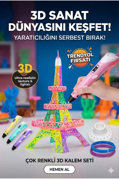 3D Kalem Seti (PEMBE) Dijital Göstergeli + 3 Renk Filament Hediyeli Eğitici Yazıcı ABS/PLA Uyumlu ürün görseli 1