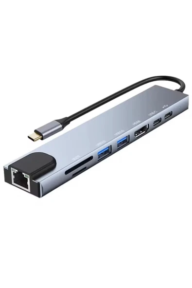 Type-C Çoklu Dönüştürücü - 87W PD, HDMI, 2x USB 3.0, RJ45, SD/TF Kart Girişli Hub ürün görseli 1