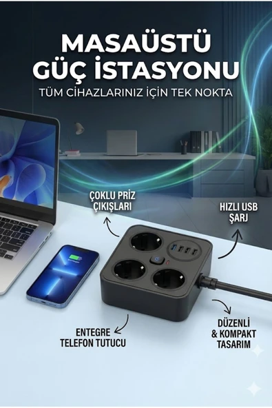 AKIM KORUMALI Avrupa Soket Kartı Tip-C Usb 2 m Uzatma Kablosu Emniyet Anahtarı ile ürün görseli 1