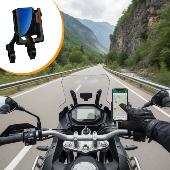 Evrensel Motosiklet Telefon Tutucu - Kaymaz, Kilitlenebilir Güvenli Tutuşlu, 360° Ayarlanabilir Gidon Bağlantılı Akıllı Telefon Aparatı ürün görseli 1