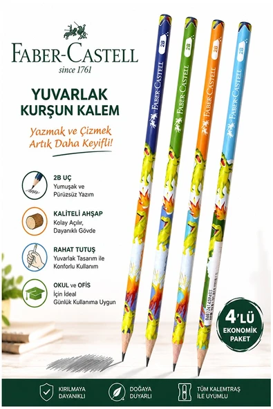 Dinazor Kurşun Kalem 4 Adet Faber Castell Yuvarlak Gövdeli Siyah Kurşun Kalem Yumuşak Yazım Kolay Tutuş Kaliteli ürün görseli 1