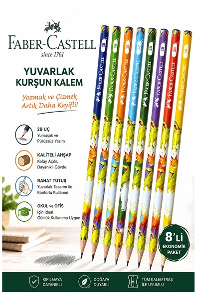 Dinazor Kurşun Kalem 8 Adet Faber Castell Yuvarlak Gövdeli Siyah Kurşun Kalem Yumuşak Yazım Kolay Tutuş Kaliteli ürün görseli 1