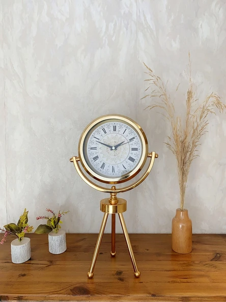 Gold Metal Mini Tripod Çini Desenli Roma Rakamı Masa Saati 45×26 cm ürün görseli 1