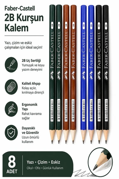 Şövalye Kurşun Kalem 8 Adet Faber Castell Yuvarlak Gövdeli Siyah Kurşun Kalem Yumuşak Yazım Kolay Tutuş Kaliteli ürün görseli 1