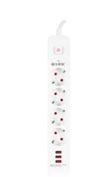 S-link SPG403U 1.5m 1.5mm 100 yüzde  Bakır 750 Joule 3 Usb 5V2.4A 4lü Anahtarlı Akım Korumalı Priz ürün görseli 1