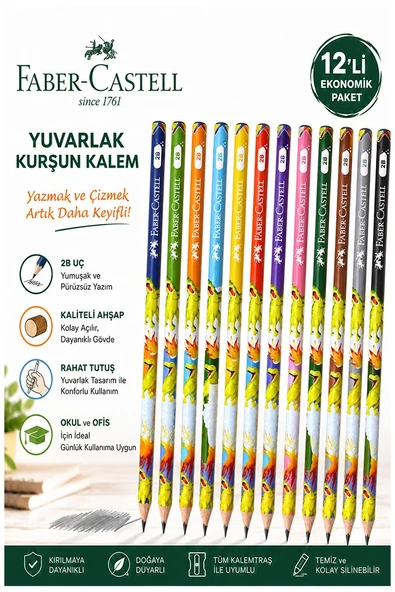 Dinazor Kurşun Kalem 12 Adet Faber Castell Yuvarlak Gövdeli Siyah Kurşun Kalem Yumuşak Yazım Kolay Tutuş Kaliteli ürün görseli 1