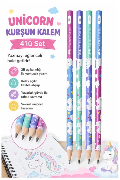 Unicorn Kurşun Kalem 4 Adet Faber Castell Yuvarlak Gövdeli Siyah Kurşun Kalem Yumuşak Yazım Kolay Tutuş Kaliteli ürün görseli 1