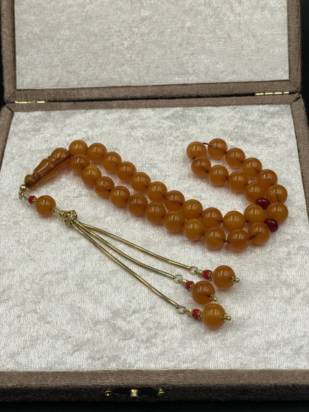 Rodajlı Gold Gümüş Aksamlı Sıkma Kehribar Tespih – 10x10 mm | 32 gr ürün görseli 1