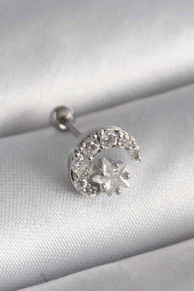 Mey İthalat® 316L Çelik Gümüş Renk Zirkon Taşlı Ay Yıldız Tragus Piercing ürün görseli 1