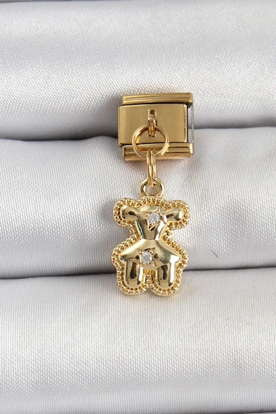 Mey İthalat® 316L Çelik Sallantılı Zirkon Taşlı Ayıcık Model Gold Renk Nomination Charm ürün görseli 1