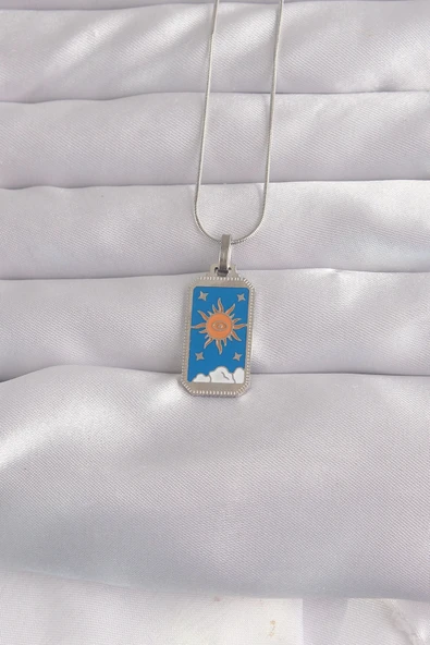 Mey İthalat® 316L Çelik Gümüş Renk Mavi Mineli Güneş Model Tarot Kolye ürün görseli 1