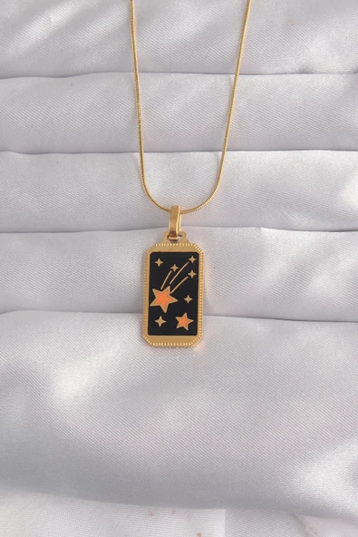 Mey İthalat® 316L Çelik Gold Renk Siyah Mineli Yıldız Figür Tarot Kolye ürün görseli 1