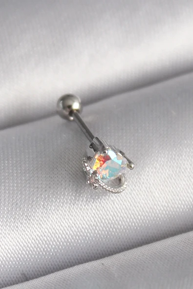 Mey İthalat® 316L Çelik Gümüş Renk Zirkon Taşlı Kalp Tragus Piercing ürün görseli 1
