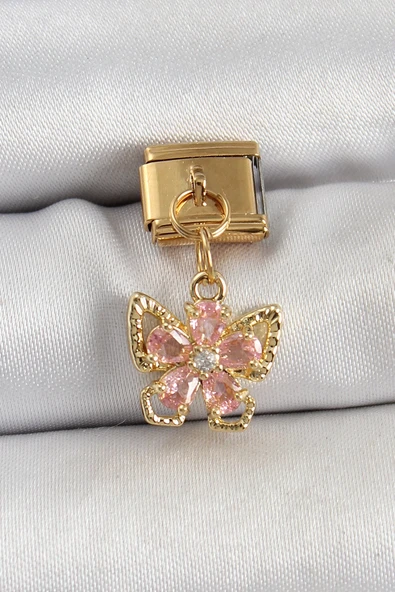 Mey İthalat® 316L Çelik Sallantılı Zirkon Taşlı Çiçek Figürlü Kelebek Model Gold Renk Nomination Charm ürün görseli 1