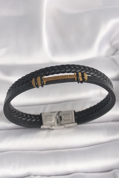 Mey İthalat® 316L Çelik Gold Renk ZikZak İşlemeli Aksesuarlı Çift Sıra Burgu Desenli Deri Kordon Erkek Bileklik ürün görseli 1