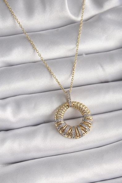 Mey İthalat® 316L Çelik Gold Renk Zincir Gümüş Zirkon Taşlı Daire Model Kadın Kolye ürün görseli 1