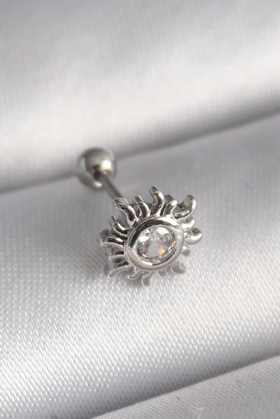 Mey İthalat® 316L Çelik Gümüş Renk Zirkon Taşlı Güneş Tragus Piercing ürün görseli 1