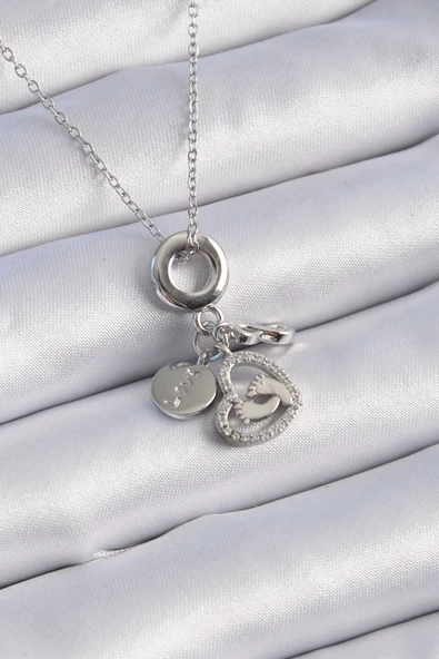 Mey İthalat® 316L Çelik Gümüş Renk Zirkon Taş Detay Kalp Model Charm Kadın Kolye ürün görseli 1