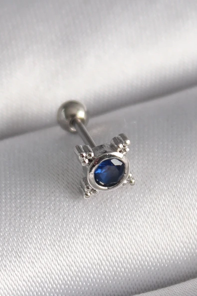 Mey İthalat® 316L Çelik Gümüş Renk Mavi Zirkon Taşlı Tragus Piercing ürün görseli 1