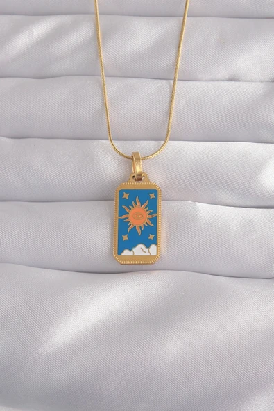 Mey İthalat® 316L Çelik Gold Renk Mavi Mineli Güneş Model Tarot Kolye ürün görseli 1