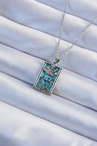 Mey İthalat® 316L Çelik Zincir Gümüş Renk Zirkon Taşlı Mavi Mermer Desenli Taç Model Tarot Kolye ürün görseli 1