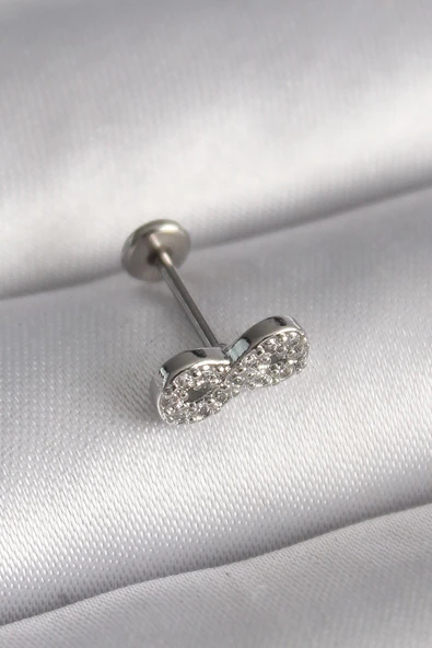 Mey İthalat® 316L Çelik Gümüş Renk Zirkon Taşlı Sonsuzluk Model Tragus Piercing ürün görseli 1