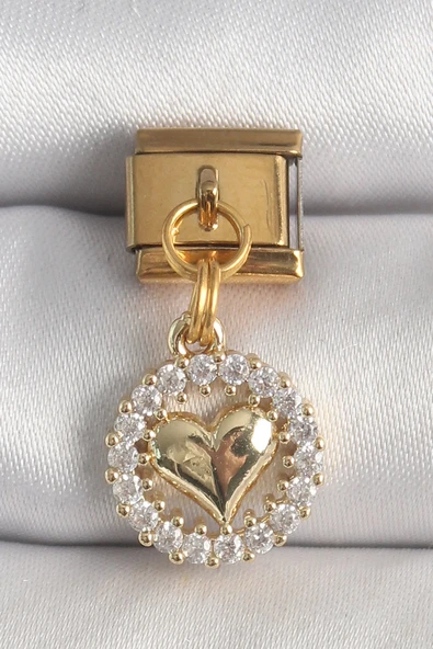 Mey İthalat® 316L Çelik Gold Renk Sallantı Zirkon Taşlı Kalp Model Nomination Charm ürün görseli 1