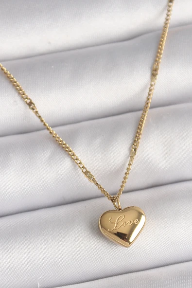 Mey İthalat® 316L Çelik Gold Renk Zincir Love İşlemeli Kalp Figür Kadın Kolye ürün görseli 1