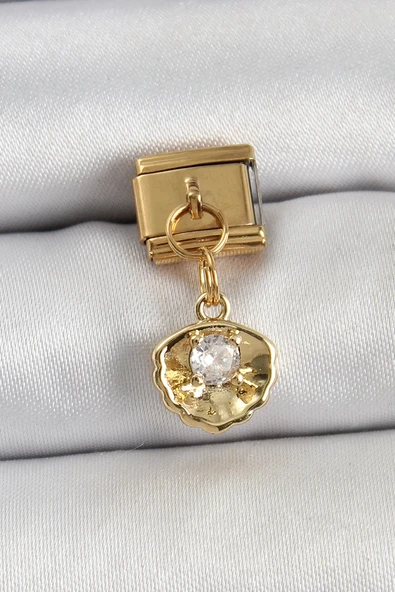 Mey İthalat® 316L Çelik Sallantılı Zirkon Taşlı İstiridye Model Gold Renk Nomination Charm ürün görseli 1